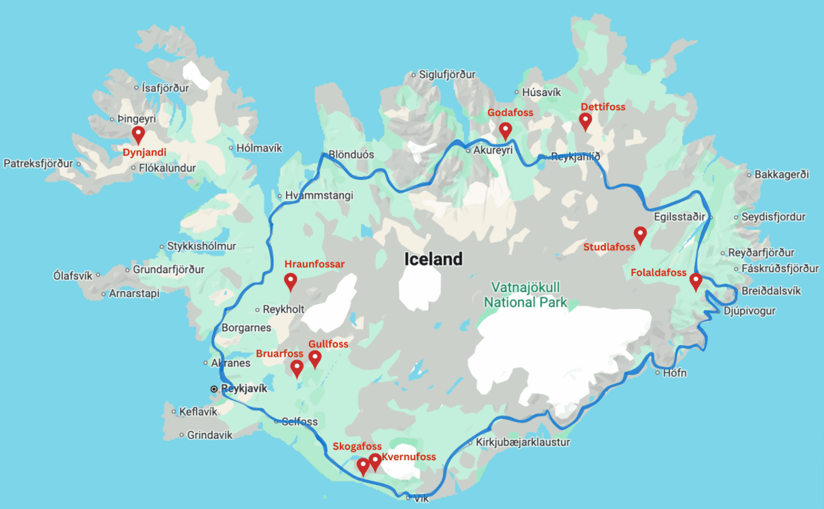map of the best waterfalls in iceland